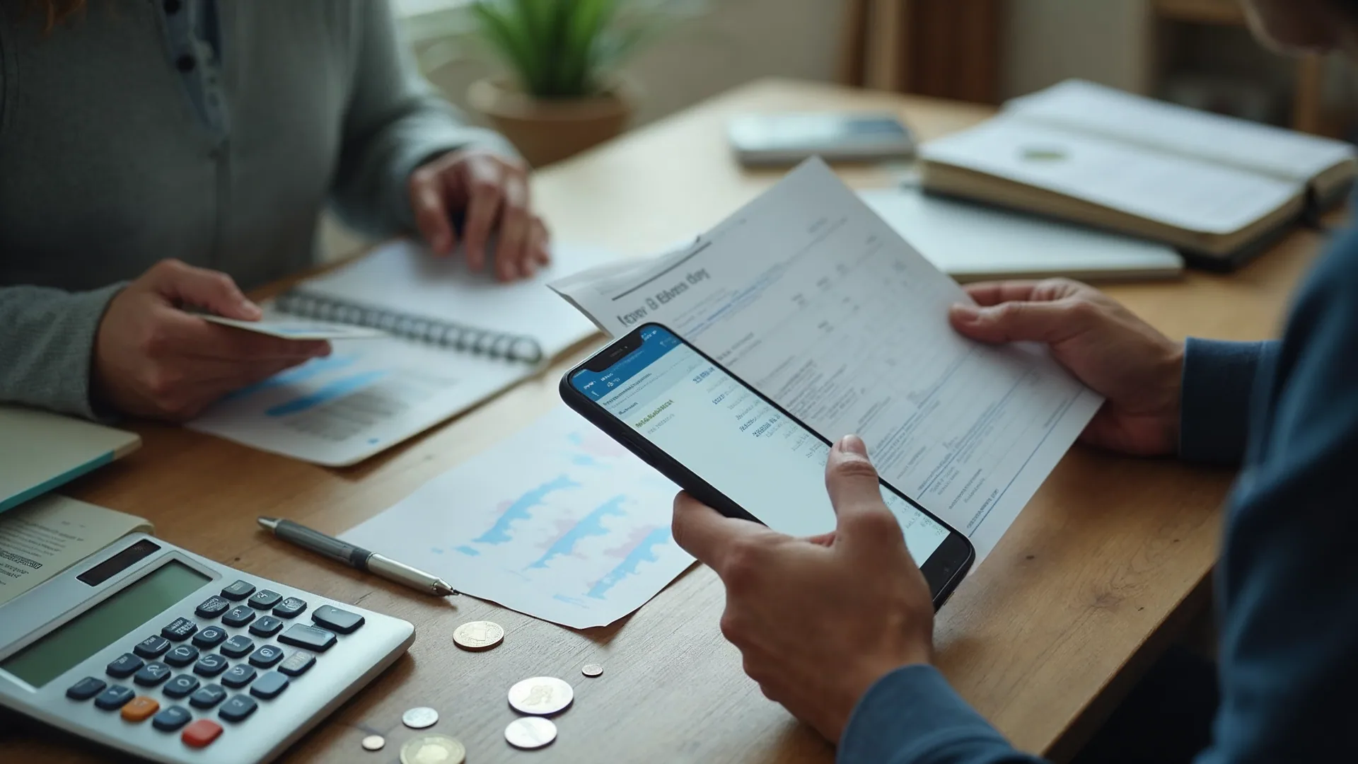 Mãos comparando o extrato bancário impresso com o aplicativo do banco no celular, com cartão, calculadora e moedas sobre a mesa